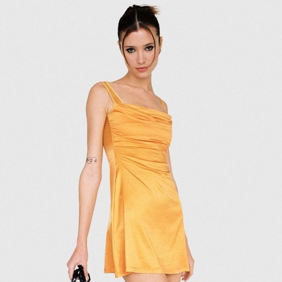 NWT Miaou Ginger Silky Draped Ruched Cowl Sleeveless Mini Dress Mustard Yellow - Picture 4 of 12